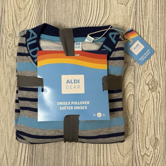Aldi Gear 2024 Unisex Pullover Sweatshirt Sz L Gray Blue Striped Logo New - Picture 1 of 6